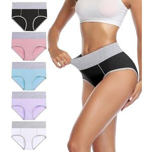 wirarpa Dames katoenen onderbroeken hoge taille ondergoed volledige dekking slips comfortabel slipje voor vrouwen 5 Pack, Veelkleurige 5 Pack 04, S
