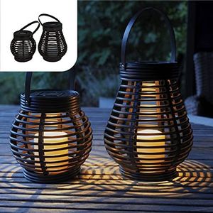 Gadgy Solar Lantaarn 2-Set Rotan – Tuinlampen op Zonne energie – LED Solar Tuinverlichting Buiten – Weerbestendige Tafellamp met Dag/Nacht Sensor – Sfeerverlichting voor Tuin