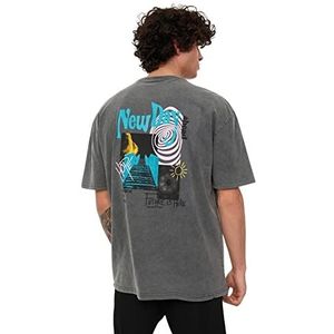 Trendyol Heren Man Relaxed Standard Crew Neck Woven T-shirt, antraciet, L, Antraciet, L