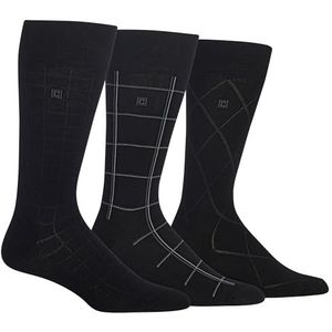 Chaps Men's Classic Dress Crew Socks-3 Pair Pack-Pattern and Solid Color Designs, Dashed Windowpane (Black), Shoe Size: 10-13