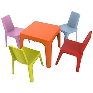 Resol Julieta kinderset, 1 tafel oranje + 4 stoelen rood/roze/blauw/limoen