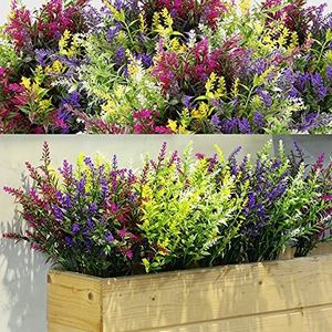 24 stuks kunstbloemen buiten nep lavendel bloemen kunstplanten groen voor buiten UV-bestendig madeliefje pioen lavendel decor lente bloemen voor tuin veranda raamdoos (lavendelstijl)