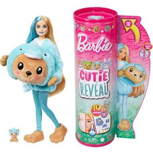 Barbie Cutie Reveal Pop en Accessoires, met pluchen dierenpak en 10 verrassingen, waaronder kleurverandering, teddybeer als dolfijn in serie met kostuumthema, HRK25