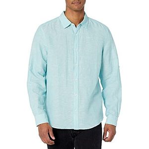 Perry Ellis mens Roll Sleeve Solid Linen Cotton Button-down (Size Small - Xx-large) Shirt, Aqua Sea, Small US
