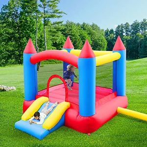 Opblaasbaar springkasteel, kinderspringkasteel met glijbaan, outdoor springkasteel voor kinderen van 3-10 jaar, kasteel bouncer van robuust pvc Oxford, opblaasbare afmetingen: 290 x 239 x 203 cm,