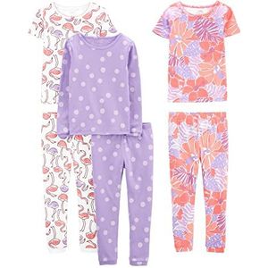 Simple Joys by Carter's Meisjes 6-delige Snug Fit Katoenen Pyjama SetPyjama Set Pyjama Set, Lila Stippen/Witte Flamingo/Bloemen, 3 Jaar