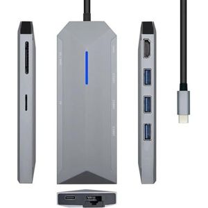 8-in-1 USB-C dock met HDMI, RJ45, 3 USB-poorten, PD, SD en microSD, ideaal voor meerdere verbindingen en uitbreiding van apparaten.