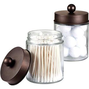 Amolliar Apothecary Jars Bathroom Storage Organizer - Cute Qtip Dispenser Holder Vanity Canister Jar Glass with Lid for Cotton Swabs,Rounds,Bath Salts,Makeup Sponges,Hair Accessories/Bronze (2 Pack)