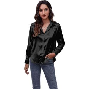Clotth Dameshemd met lange mouwen van satijnen imitatie zijde button down shirt, zwart-XL, XL