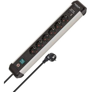 Brennenstuhl Premium-Alu-Line stekkerdoos 6-voudig met USB C PD 30W en USB A 18W van aluminium (Made in Germany, verdeeldoos met 3m kabel en schakelaar, stekkerblok voor wandmontage)