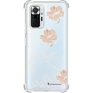 Franse beschermhoes, compatibel met Xiaomi Redmi Note 10 Pro, siliconen, schokbestendig, robuust, bescherming rondom, transparant, witte bloemen, modieus schrijven