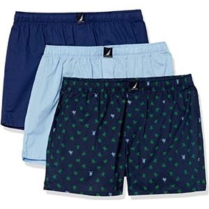 Nautica Heren Katoen Geweven 3 Pack Boxer Shorts, Blauwe Diepten/Kusthemel/Pop Schildpad Print, Groot