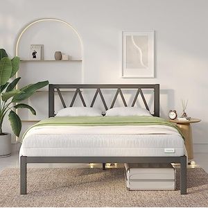 Novilla 30,5 cm metalen eenpersoonsbedframe, bedframe met hoofdeinde, ontworpen houten lattenondersteuning, solide steunpoten, eenvoudige montage, opbergruimte onder het bed, 90 x 190 cm, zwart