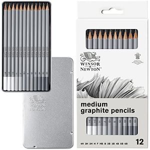 Winsor & Newton 490008 precisiepotloden - grafisch, 12 schetspotloden gesorteerd in de metalen doos, 4H, 3H, 2H, H, F, HB, B, 2B, 3B, 4B, 5B,6B