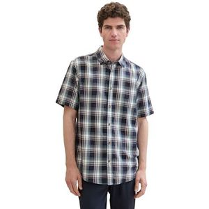 TOM TAILOR Basic herenhemd met korte mouwen en ruitpatroon, 35444 - Navy Herringbone Check, S