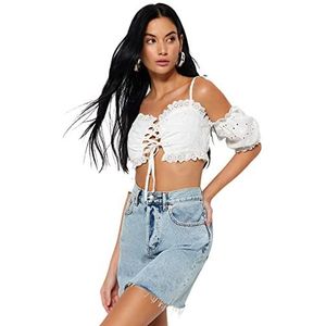 Trendyol Vrouw Regular fit Basic Carmen Kraag Geweven Blouse, Wit,34, Wit, 32