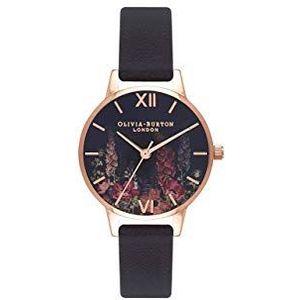 Olivia Burton dames analoog kwarts horloge met lederen armband OB16WG43, Zwart (Donker boeket)
