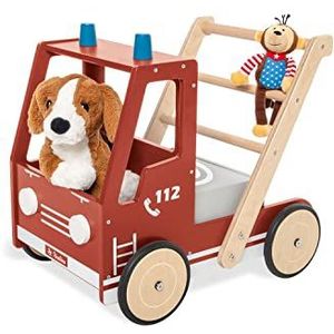 Pinolino Learn-Walk-Trolley Brandweerwagen Peace met remsysteem, rubberen houten wielen en verwijderbare doos, rood