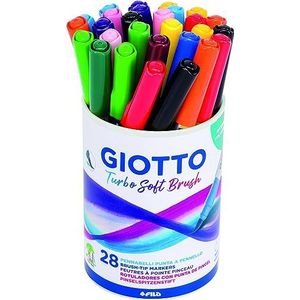 Giotto Turbo Soft Brush Marker met penseelpunt, metalen doos, in water oplosbare penseelpunt, verschillende kleuren, 28 stuks