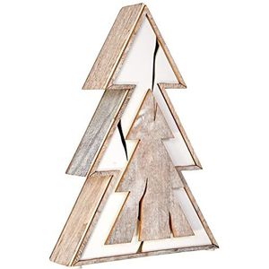 Kleine voet lichtdennenboom schijven hout, in chique shabby-chic-design, met verschillende houtsnijdingen in bruin en wit, kerstdecoratie met verlichting op batterijen decoratief artikel