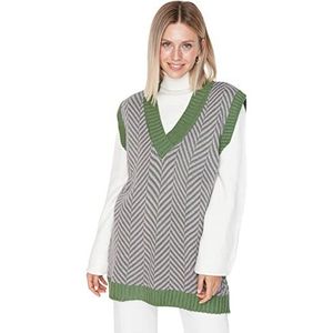 TRENDYOL Dames V-hals gestreepte oversized trui vest sweater, groen, L/XL, groen, L/XL