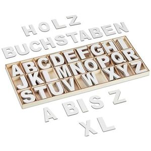 Relaxdays houten letters, 208-delige set, 5 cm, alfabet, A-Z, knutselen, beschilderen, naamletters, met doos, wit