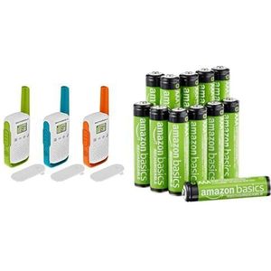 Motorola Talkabout T42 Triple PMR-Radioapparatuur, 3-Delige Set, PMR446, 16 Kanalen, Bereik 4 km & Amazon Basics AAA-batterijen, oplaadbaar, NiMh, vooraf opgeladen, set van 12 (uiterlijk kan variëren)