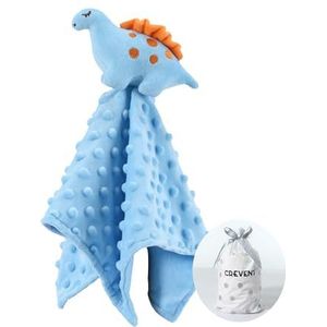 CREVENT Gezellig pluche knuffeldeken voor baby, knuffeldekens voor babyjongens, stip voorkant + sherpa achterkant met dierengezicht (blauwe dinosaurus)