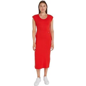 Tommy Hilfiger Dames Slim Rib DRS Midi Cap Mouw Bodycon Jurken, Fierce Red, XS