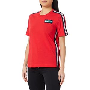 Love Moschino Dames Regular Fit Short-Sleeved met Striped Tape Along Shoulders Sleeves en Logo Patch T-shirt, RED, 38