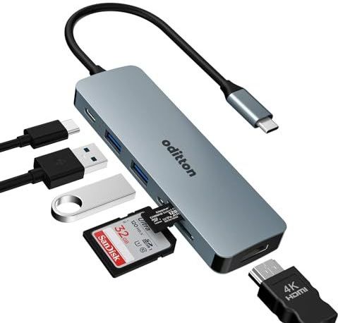 oditton USB C-adapter, 4K HDMI-uitgang, 100W PD, 2 x USB 3.0, SD/TF-kaartlezer, multipoort-hub voor MacBook, Surface, Dell, Lenovo