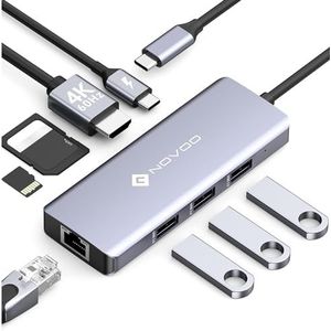 NOVOO USB C hub 8-in-1 adapter USB C naar HDMI 4K, USB 3.0 x 3, Gigabit Ethernet, stroomvoorziening PD 100 W, SD/TF-kaartlezing, multiport USB-hub voor MacBook Air Macbook Pro
