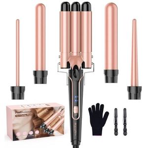 BESTOPE PRO Krultang, krultang, 3 vellen, 5-in-1, krultangset, 3 vaten voor grote golven, temperatuurinstelling, snelle opwarming en een handschoen, 2 clips, roségoud