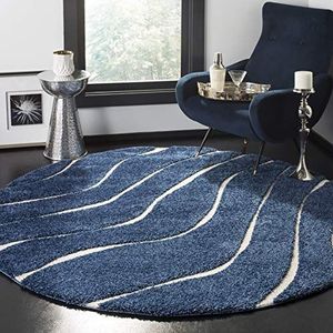 SAFAVIEH Florida Shag Collection SG472 tapijt, abstracte golven, pluisvrij, voor woonkamer, slaapkamer, eetkamer, entree, pluche, 3 cm dik, rond, 122 x 122 cm, donkerblauw / crème