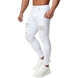 HUNGSON Ripped skinny jeans voor heren, stretchy, slim fit jeans, Whiterip, 36