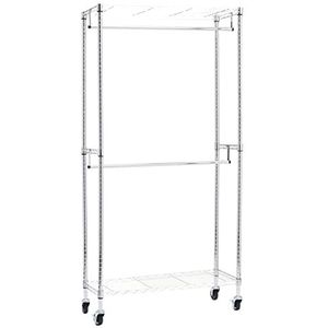 Amazon Basics Dubbele kledingstang, open met wielen en in hoogte verstelbare planken, maximaal gewicht 181 kg, chroomkleurig, 91 cm L x 35,5 cm B x 183 cm H