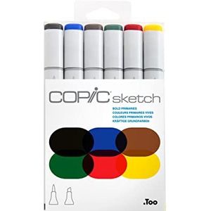 COPIC Sketch Marker Set ""Bold Primiries"" met 6 kleuren, professionele penseelstiften op alcoholbasis met een flexibele en een medium brede punt.