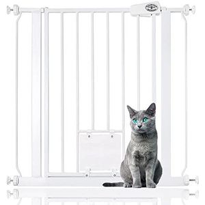 Bettacare Huisdierhek met afsluitbaar kattenluik, 75cm - 83cm, wit, 75cm hoog, extra hoge hondenveiligheidsbarrière met kattenluik, eenvoudige installatie