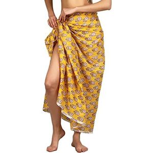 Arayna Dames lange sarong strand wrap cover up puur katoen bedrukt badpak bikini pareo badmode jurk - vrije maat, Goudsbloem Geel, one size