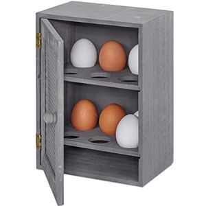 Relaxdays Eierdopje landhuis, kast 12 eieren, eierdopjes voor keuken, dienblad, 1 stuk, hout en metaal, 25 x 18 x 12 cm, grijs