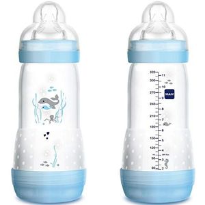 MAM Easy Start Anti-Colic A123 Gepatenteerde anti-koliekfles met zuiger, 3 van SkinSoftTM Ultra Soft siliconen voor baby's vanaf 4 maanden, 320 ml, blauw, 1 stuks, zelfsteriliseerbaar in 3 minuten
