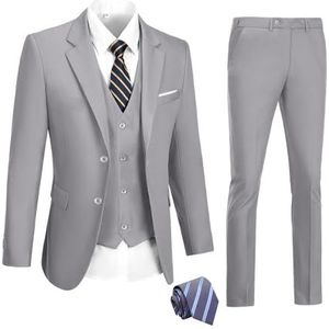 Herenpakken, 3-delig, slimfit pak met 2 knopen, smoking, gala, formele jas, blazer, vest, broek met stropdas, Grijs, XL