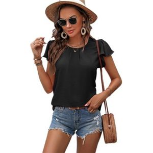 Clotth Casual bovendeel van geplooide chiffon met ronde hals en ruches mouwen, zwart-XL, XL