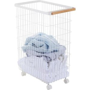 YAMAZAKI home 4778 Tosca Slim Rolling Wasmand hampers, Staal, Hout, Nylon, Wit