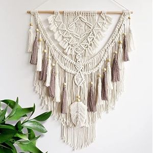 Lokeisna Macramé wandkleed, geweven tapijt, beige en oudroze handgemaakte ambachtelijke macramé wanddecoratie, voor galerij en kinderkamer, afmeting 95 x 70 cm (l x b)