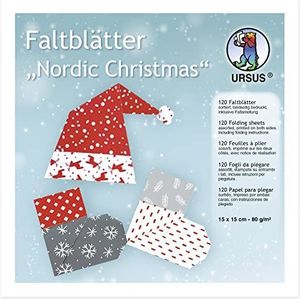 Ursus 38075599F - vouwbladen Nordic Christmas, ca. 15 x 15 cm, 120 vellen vierkant vouwpapier met 10 verschillende kerstmotieven, aan beide zijden bedrukt, kleurrijk