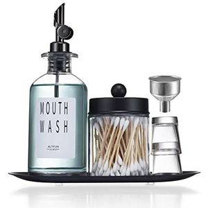 Altfun Glass Mouthwash Dispenser for Bathroom with Cups, Style Mouthwash Container Bottle with Qtip Holder,Glass Bottle 11.8oz Refillable Mouthwash Dispenser with Tray Funnel, Black