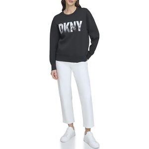 DKNY Skyline-logo voor dames, ronde hals, zwart, large, zwart, L