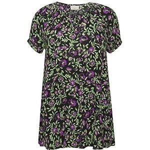 Kaffe Curve Plus-Size Tunic lange blouse voor dames, korte mouwen, ronde hals, zwart/groen/paarse bloem, 44