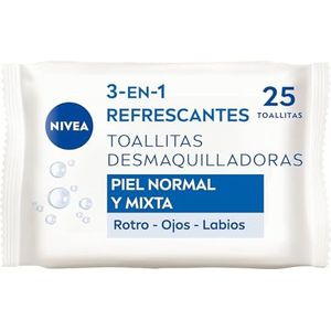 NIVEA 3-in-1 verfrissende make-up-reinigingsdoekjes, vochtige doekjes, reinigt zacht en effectief, verwijdert waterdichte make-up, voor gezicht, ogen en lippen, normale en gemengde huid, 25 doekjes